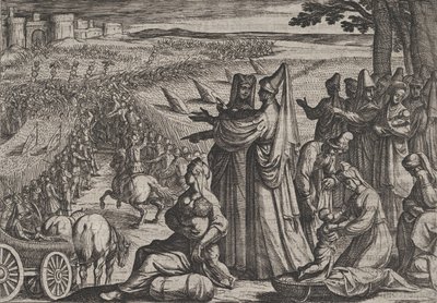 Vrouwen en kinderen observeren Civilis die tegen de Romeinen vecht, uit De Oorlog van de Romeinen door Antonio Tempesta