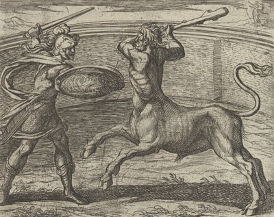 Theseus en de Minotaurus Minotaurum Theseus vincit, uit De Metamorfosen, gepubliceerd na 1606 door Antonio Tempesta