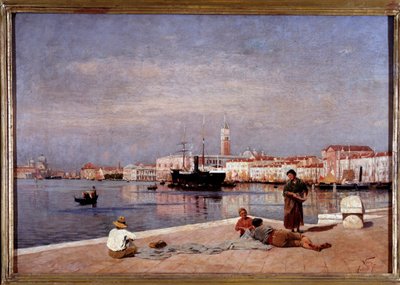 Uitzicht op de lagune van Venetië vanaf een dok door Antonio Varni
