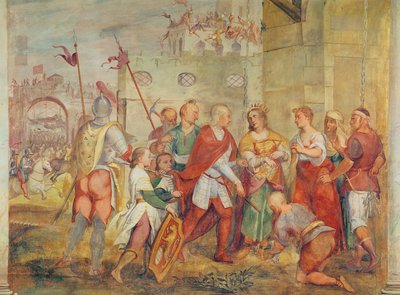 Jacopo Barbarigo bevrijdt koningin Margaretha van Hongarije van de Turken in 1426 door Antonio Vassilacchi