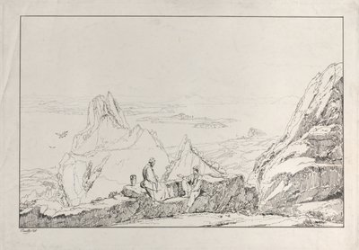 Bergachtig landschap met twee mannen op de voorgrond, 1828 door Antonio Vianello