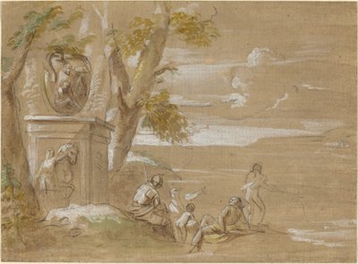 Een landschap met zittende soldaten en vissers door Antonio Visentini