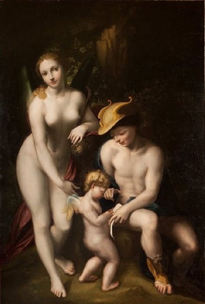 Venus met Mercurius en Cupido, De school van de liefde, door Antonio da Correggio, tentoongesteld in het château de Chenonceau. door Antonio da Correggio