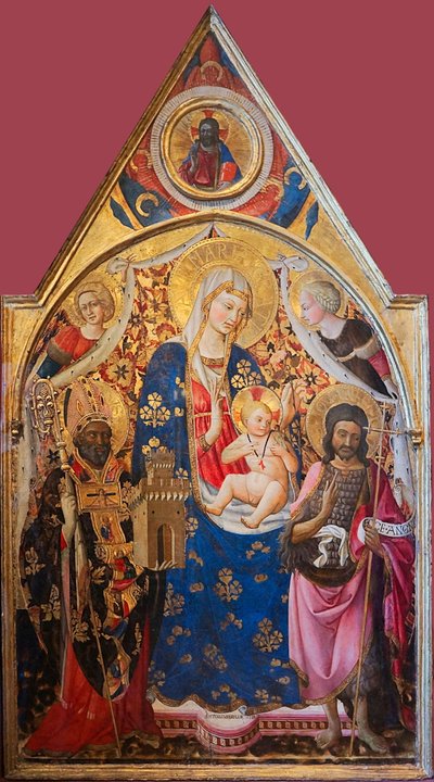 Madonna en kind met heiligen op een troon


 Alternatieve titel(s):   Gonfalon. De rechterkant: Madonna en kind, met een bisschop, Johannes de Doper en engelen. Bovenste deel: Zegenende Christus. De achterkant: De Kruisiging met de Maagd Maria en Johannes. door Antonio da Firenze