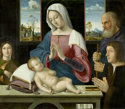 Maagd en kind met Sint-Jozef en schenker, middenpaneel van de Withypool-drieluik door Antonio da Solario