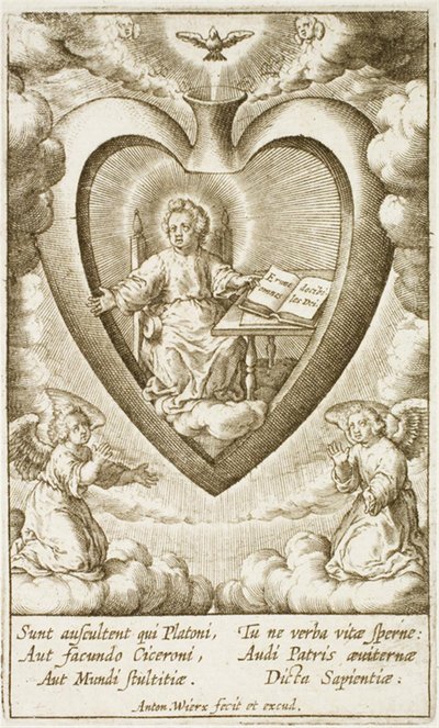 Het Kind Jezus Zittend in het Heilige Hart met een Open Boek door Antonius Wierix (II)