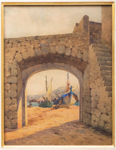 Gewelf met haven en boten door Arcangelo Salvarani