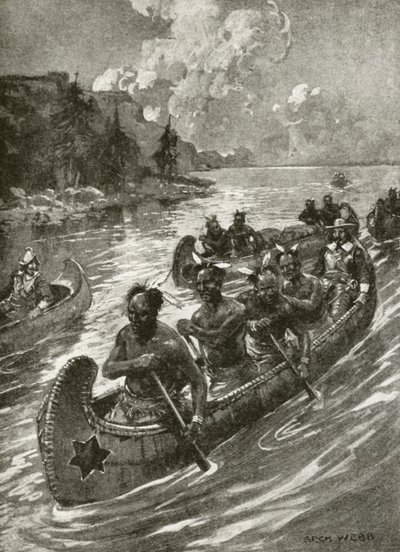 Samuel De Champlain in 1608 die de St. Lawrence rivier opgaat in de kano