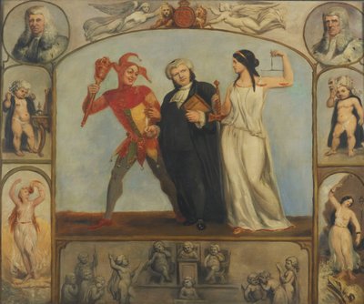 schilderij; olieverf op doek - Portret van Renton Nicholson met Allegorische Taferelen en Figuren door Archibald Henning