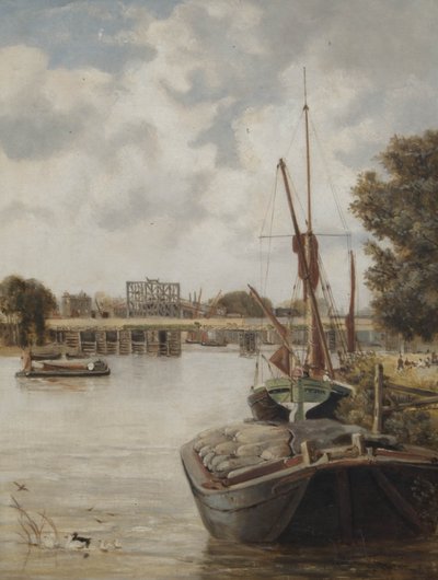 De huidige Hammersmith Brug in aanbouw met de tijdelijke brug, 1886 door Archibald Webb