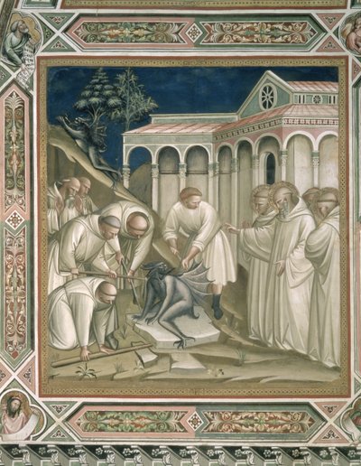 De zware steen (detail) uit het leven van St. Benedictus (ca. 480-ca. 550), in de sacristie, 1387 door Aretino Luca Spinello or Spinelli