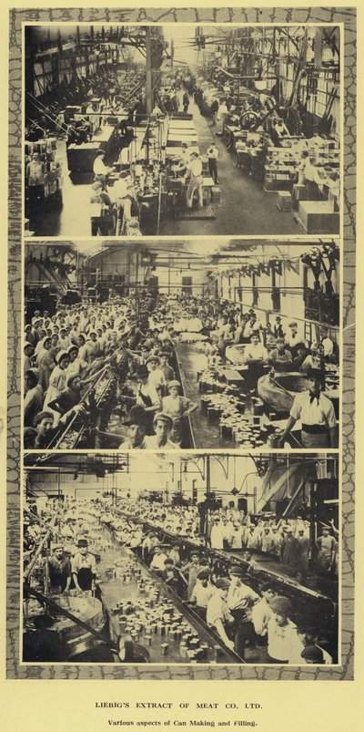 Blik maken en vullen, fabriek van de Liebig Extract of Meat Company, Ltd, Argentinië door Argentinian Photographer