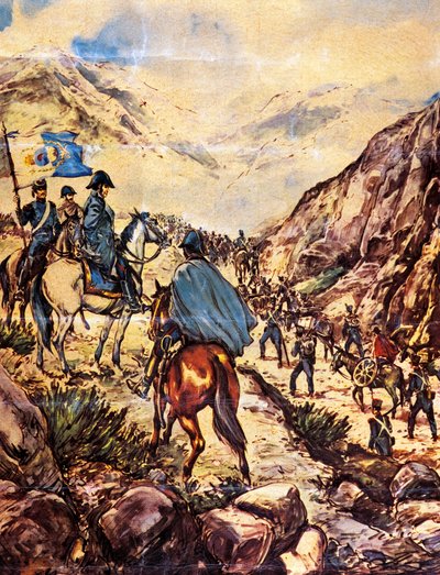 Generaal Jose de San Martin, ook bekend als de bevrijder van het zuiden, steekt met zijn leger de Andes over richting Peru door Argentinian School