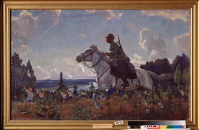 Met een rapport. Een boodschapper van een cavalerie regiment van het Rode Leger galoppeert door het platteland, begroet door kinderen in uniform van de socialistische jeugd. door Arkadij Aleksandrovic Rylov
