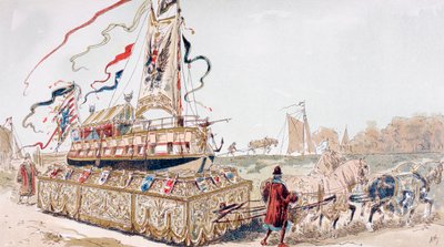 Een koninklijke praalboot getrokken door paarden naar een kanaal in de 16e eeuw door Armand Jean Heins