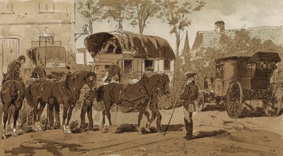 Postkoets, koets van de Koninklijke Nederlandse koeriersdienst en rijtuig, Nederland, 19e eeuw door Armand Jean Heins