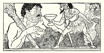 Odysseus biedt een beker wijn aan de reus Polyphemus aan door Armand Joseph Bonamy