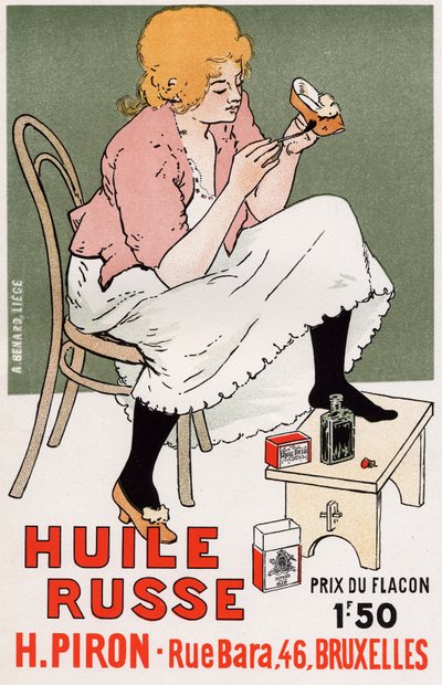 Levensstijl. Mode. Russische olie, schoenreparatie. Poster door Armand Rassenfosse, België, c.1895 door Armand Rassenfosse