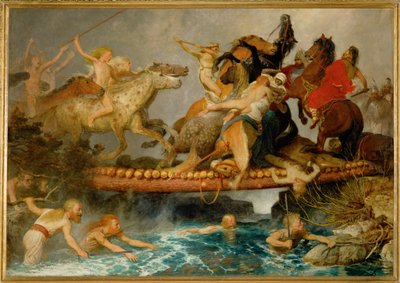 Kampf auf einer Bruecke - Het gevecht op de brug ... (schilderij op doek) door Arnold Böcklin