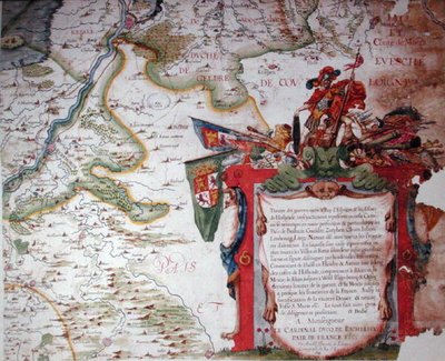 Cartouche met een toewijding aan kardinaal Richelieu, en een kaart van de Lage Landen ten tijde van de Dertigjarige Oorlog, uit 