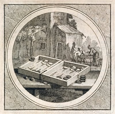 Backgammon set en spelers uit Stichtelyke Zinnebeelde door Arnold Houbraken