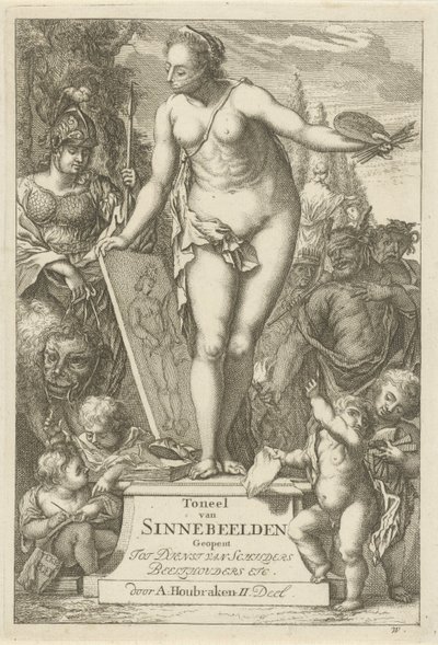 Personificatie van de schilderkunst op een sokkel door Arnold Houbraken