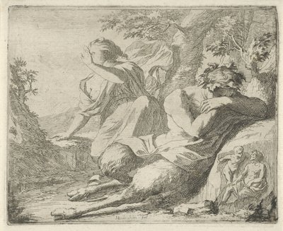 Sater en vrouwfiguur bedekken de ogen tegen zonlicht (Toneel van sinnebeelden geopent tot dienst van schilders beelthouders etc.) door Arnold Houbraken