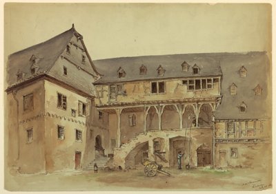 Tekening, Binnenplaats van een middeleeuws landhuis, ca. 1889 door Arnold William Brunner