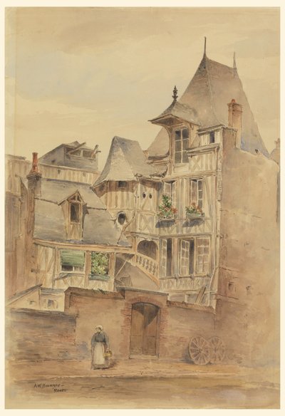 Tekening, Straatbeeld met middeleeuwse huizen, ca. 1885 door Arnold William Brunner