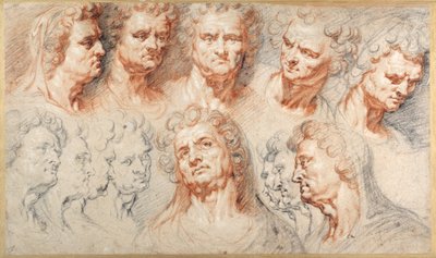 Dertien studies gebaseerd op een Romeins keizerlijk hoofd (zwarte & rode krijt met bruine inkt op wit papier) door Arnold or Artus the Elder Quellin I
