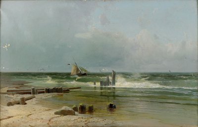 Zeilboot bij het strand door Arseniy Ivanovich Meshchersky