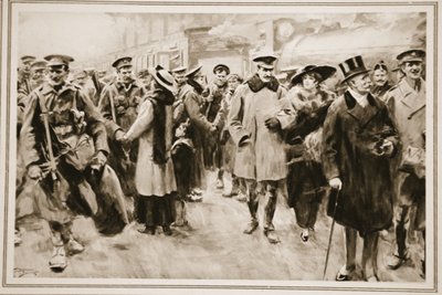 Het weekend weg van het front: Britse officieren en mannen op kort verlof uit de loopgraven arriveren op Victoria, uit 