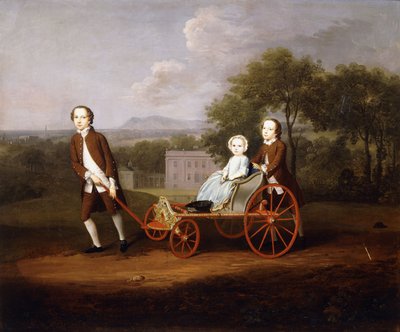 Groepsportret van drie kinderen van Peter en Mary Du Cane, allemaal klein en volledig in beeld, spelend met een uitgebreide hondenkar, in de tuin van een landhuis, 1747 door Arthur Devis