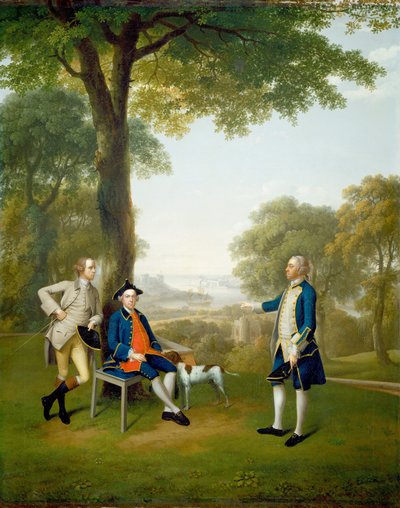 Arthur Holdsworth in gesprek met Thomas Taylor en Kapitein Stancombe bij River Dart, 1757 door Arthur Devis