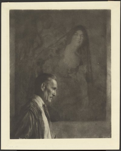 [Man met kleine, verzorgde snor in profiel voor een schilderij van een vrouw gekleed in Spaanse klederdracht]. door Arthur F. Kales