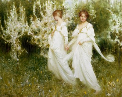 "Onschuld" Twee vrouwen gekleed in het wit, symbool voor onschuld en zuiverheid, wandelen in een tuin. Schilderij van Arthur Hacker (1858-1919) (pre-raphaeliet) Privécollectie door Arthur Hacker