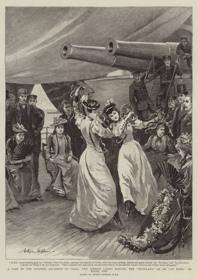 Een Bezoek van het Kanaalsquadron aan Cadiz, Twee Spaanse Dames dansen de Sevillana aan boord van het schip door Arthur Hopkins