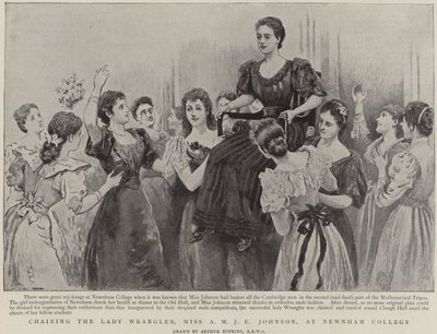 De dame Wrangler, Miss A M J E Johnson, wordt rondgedragen op Newnham College, Cambridge door Arthur Hopkins