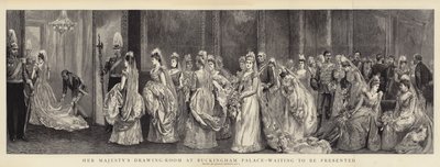 De ontvangstruimte van Hare Majesteit in Buckingham Palace, wachtend om gepresenteerd te worden door Arthur Hopkins