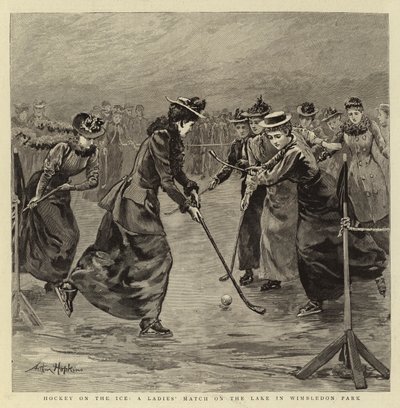 Hockey op het ijs, een dameswedstrijd op het meer in Wimbledon Park door Arthur Hopkins