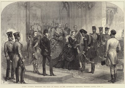 Koningin Victoria ontvangt de sjah van Perzië bij de ingang van de soeverein, Windsor Castle, 20 juni door Arthur Hopkins