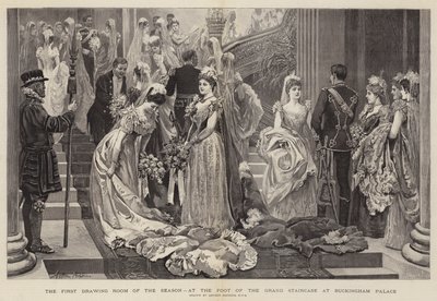 De eerste salon van het seizoen, aan de voet van de grote trap in Buckingham Palace door Arthur Hopkins