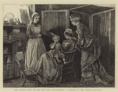 Het bezoek van de koningin aan het oosten van Londen, herstel, een schets in het London Hospital door Arthur Hopkins