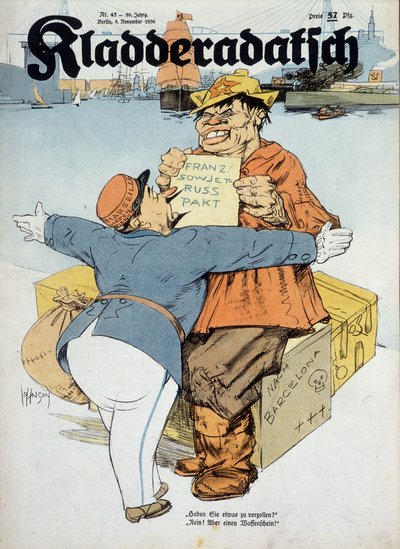 Duitse cartoon over de Frans-Sovjet overeenkomsten (Franse douanebeambte en Russische matroos:" Heeft u iets aan te geven Nee! Alleen wapens!" (Context van de Spaanse oorlog), "Kladderadatsch" 8/11/1936, ill. door Arthur Johnson (1874-1954). door Arthur Johnson