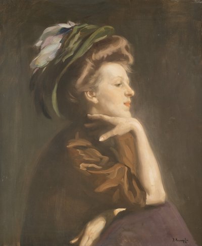 Portret van een dame met hoed. door Arthur Kampf