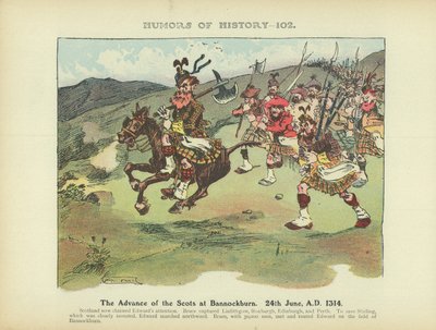 De opmars van de Schotten bij Bannockburn. 24 juni 1314 na Christus (kleurenlitho) door Arthur Moreland