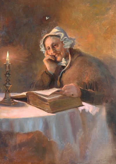 Portret van een oude vrouw die de bijbel leest bij kaarslicht, 1896 door Arthur Netherwood