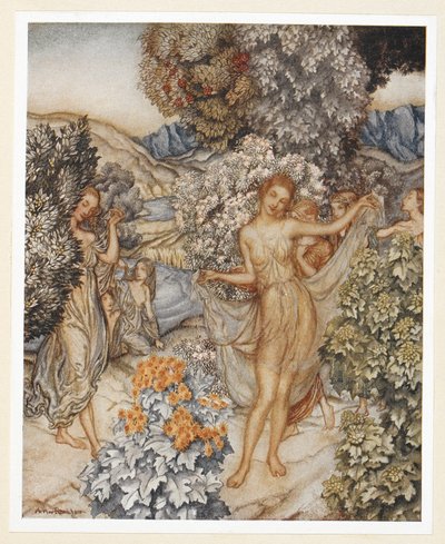 ACT IV: Scene I, regel 132
Kom, gematigde nimfen, en help om te vieren
Een contract van ware liefde.
Prospero instrueert Ariel om opzichtig kleding aan een boom te laten om de mannen te verleiden. door Arthur Rackham