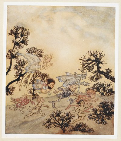 ACT IV: Scene I, regel 259 Ga mijn goblins bevelen dat ze hun gewrichten malen Met droge stuiptrekkingen door Arthur Rackham