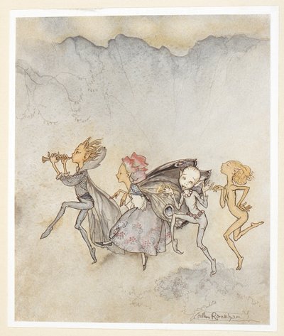 ACT IV: Scene I, regel 46 Elk, trippelend op zijn teen, Zal hier zijn met dweil en grimas. Nimfen. door Arthur Rackham